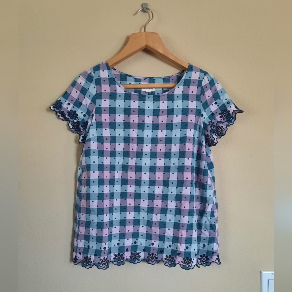 Pastel Polka Dot Gingham Embroidered Eyelet Blouse Cotton
